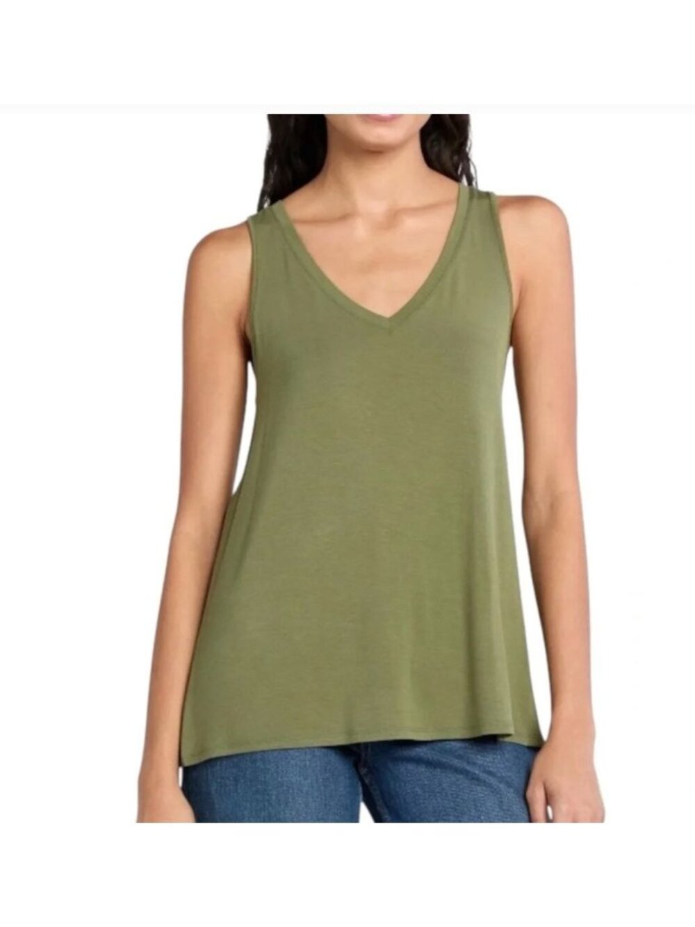 Time & Tru Olive Green V-Neck Swing Tank High Low Sleeveless Jersey Size XL  B43
